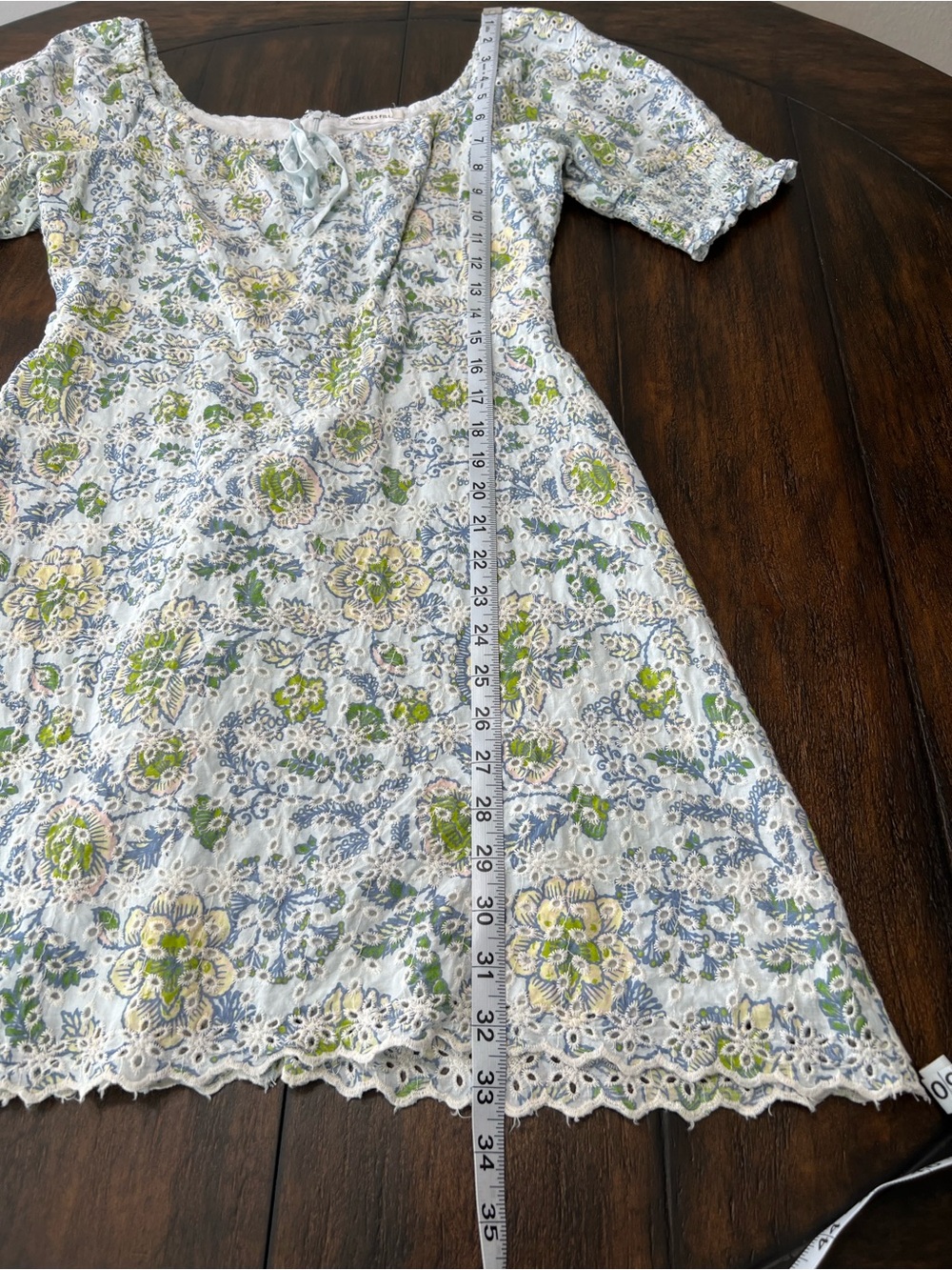 Avec Les Filles Baby Blue Floral Eyelet Lace Puff Sleeve Mini Peasant Dress XS - Picture 9 of 9